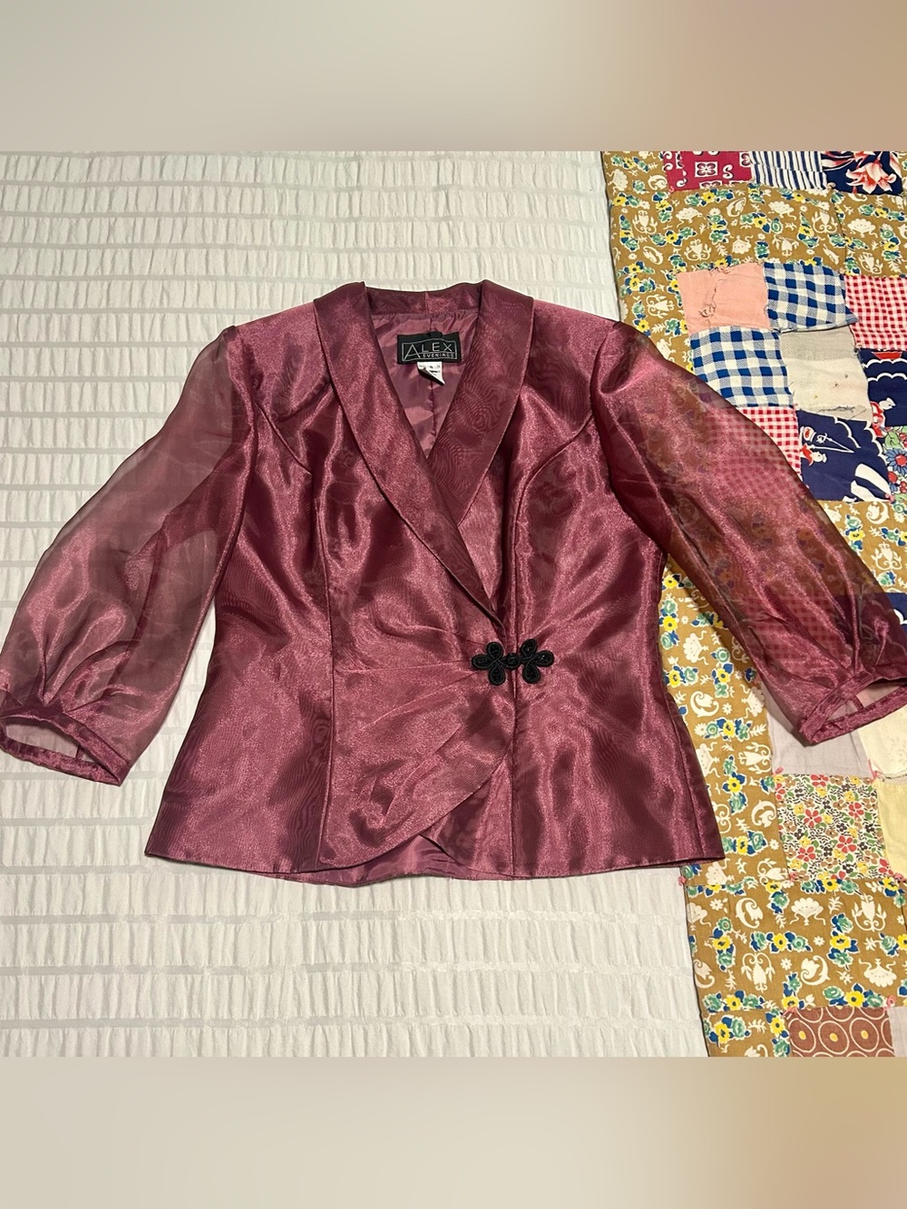 Alex Evenings Satin Magenta-Wine Red Blazer with Sheer Sleeves